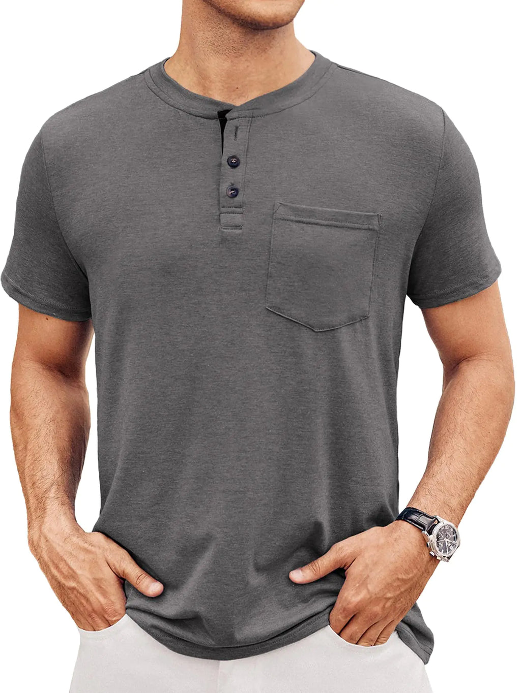 Hardaddy Mens Henley Shirts Short Sleeve Casual Button Up Basic Pocket Tee Shirts Deep Gray XXL