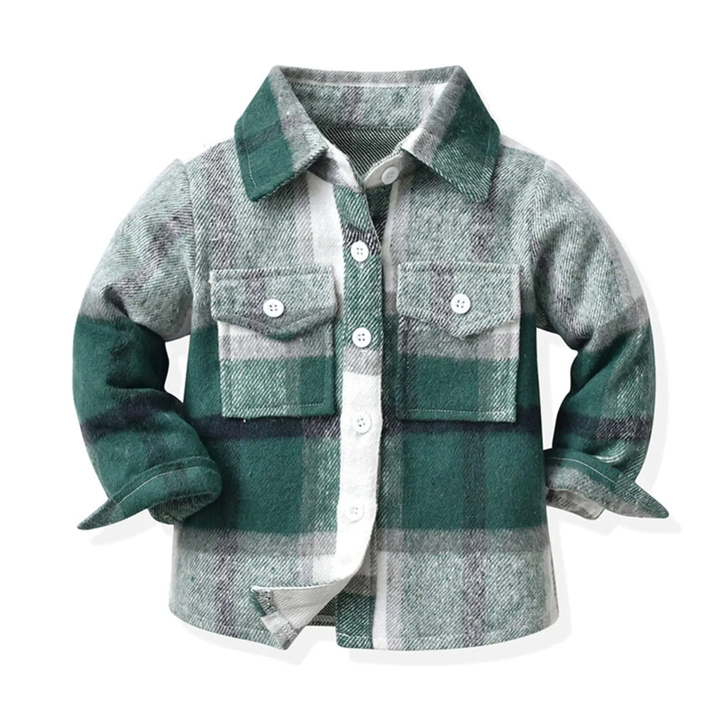 Kids Toddler Flannel Shirt Jacket Plaid Long Sleeve Lapel Button Down Shacket Baby Boys Girls Fall Shirt Coat Outwear B-Green