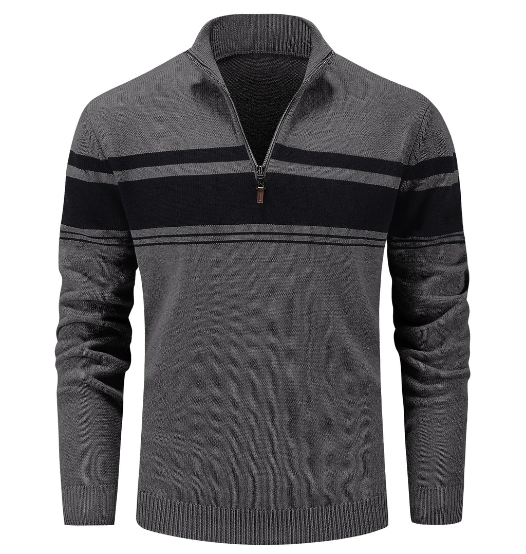 1/4 Zip Polo Sweater - Multi-Color Striped Mock Neck Pullover for Men
