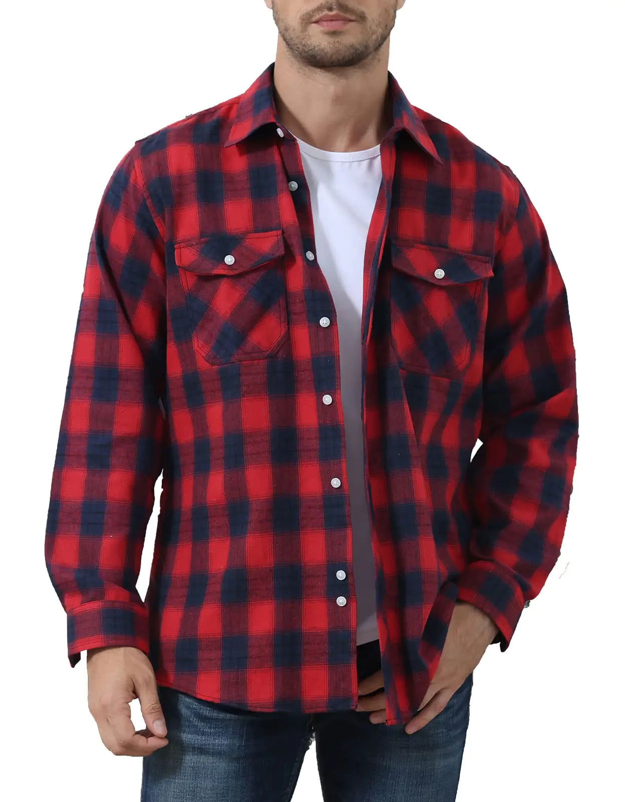 Angbater Mens Flannel Plaid Shirts Fashion Long Sleeve Button Down Shirt with Pockets Red-Navy