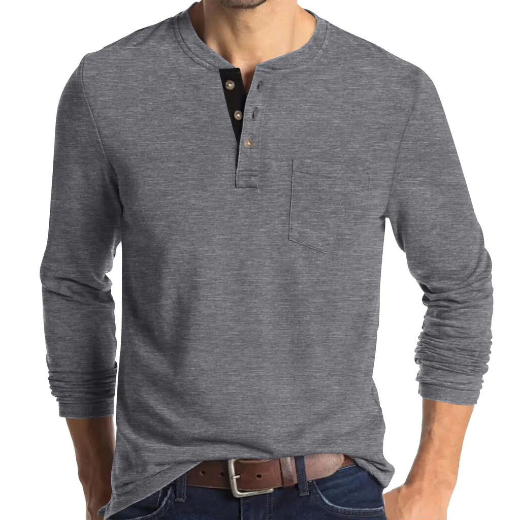 MLXSJ Mens Henley Shirts Casual Long Sleeve Button T-Shirt with Pocket (Light Grey 2XL)