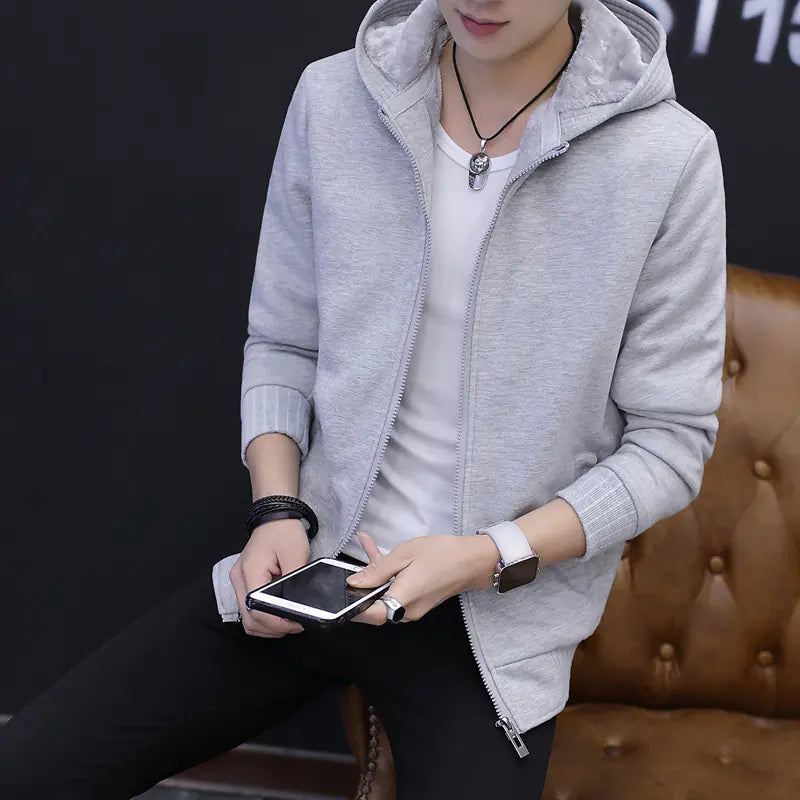 Fleece Lined Blank Hoodie - Thick Zippered Men's Jacket