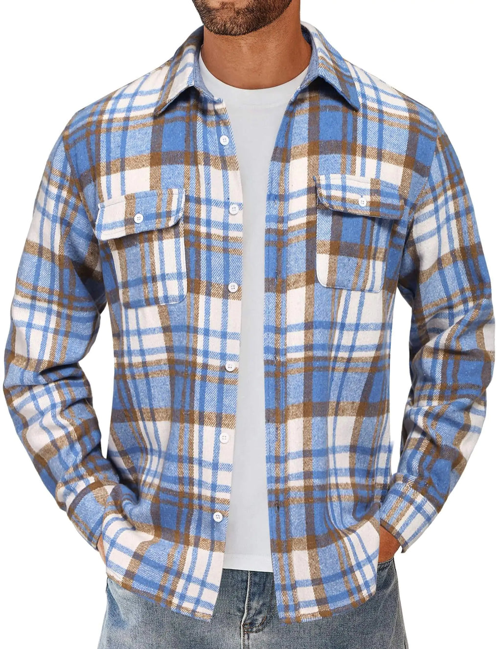 COOFANDY Mens Plaid Shirt Flannel Jacket Button Down Flannel Shacket Overcoat Light Blue