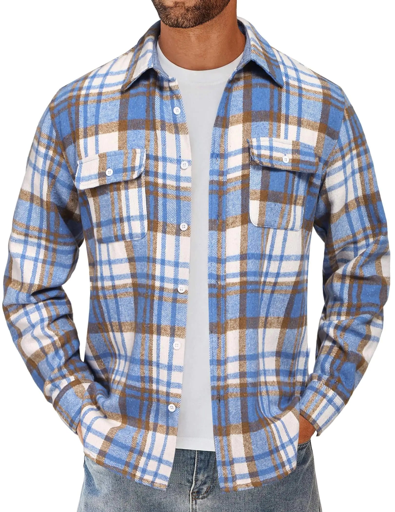 COOFANDY Mens Plaid Shirt Flannel Jacket Button Down Flannel Shacket Overcoat Light Blue