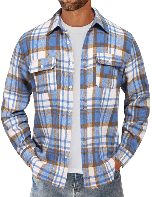 COOFANDY Mens Plaid Shirt Flannel Jacket Button Down Flannel Shacket Overcoat Light Blue