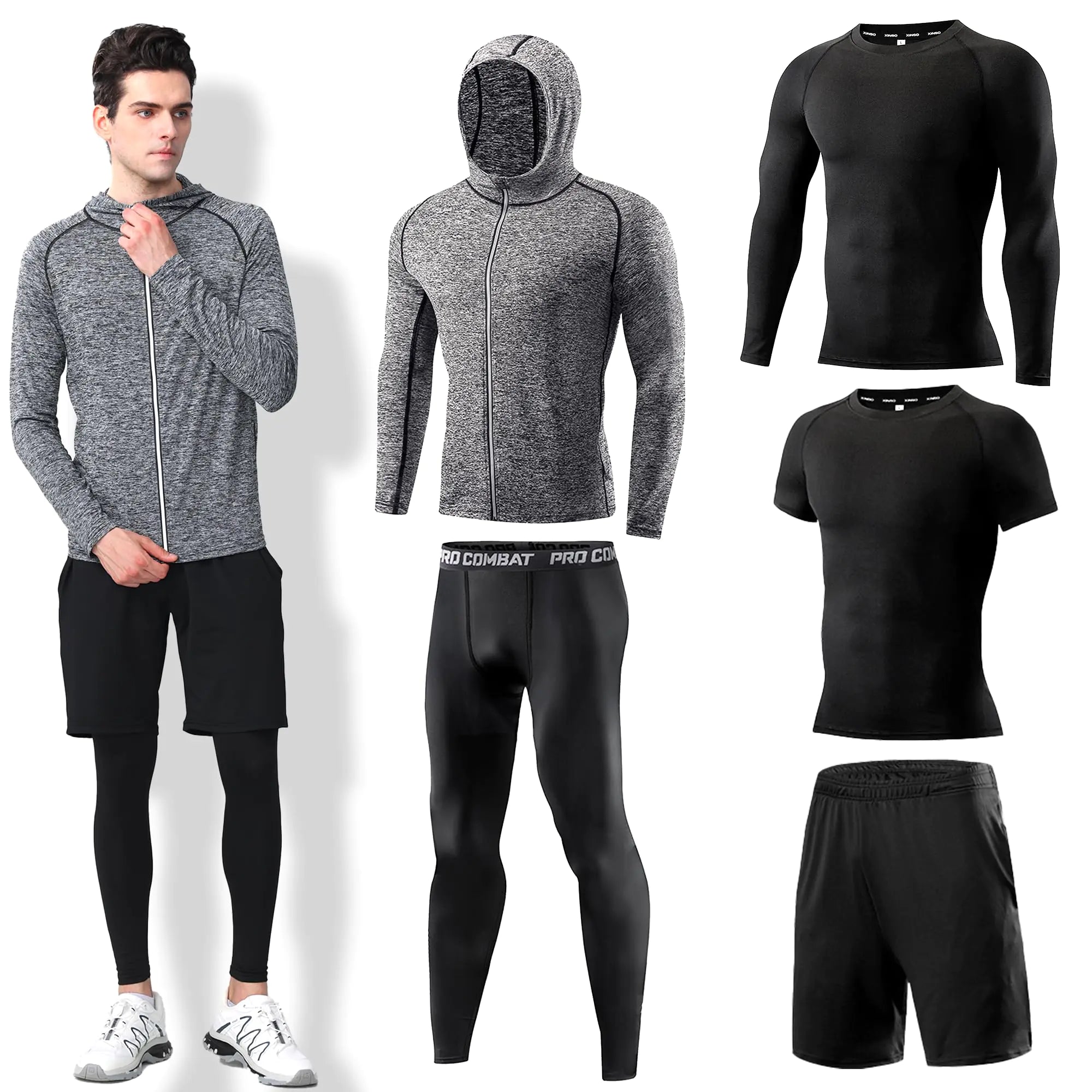 DMVOD Mens 5Pcs Quick Dry Compression Sets Tops Accessories Clothes Equipment for Workout Gym Athletic Running Sport Include Compression T-shirt Long/Short Shorts Leggings Tights Hooded Grey-XS