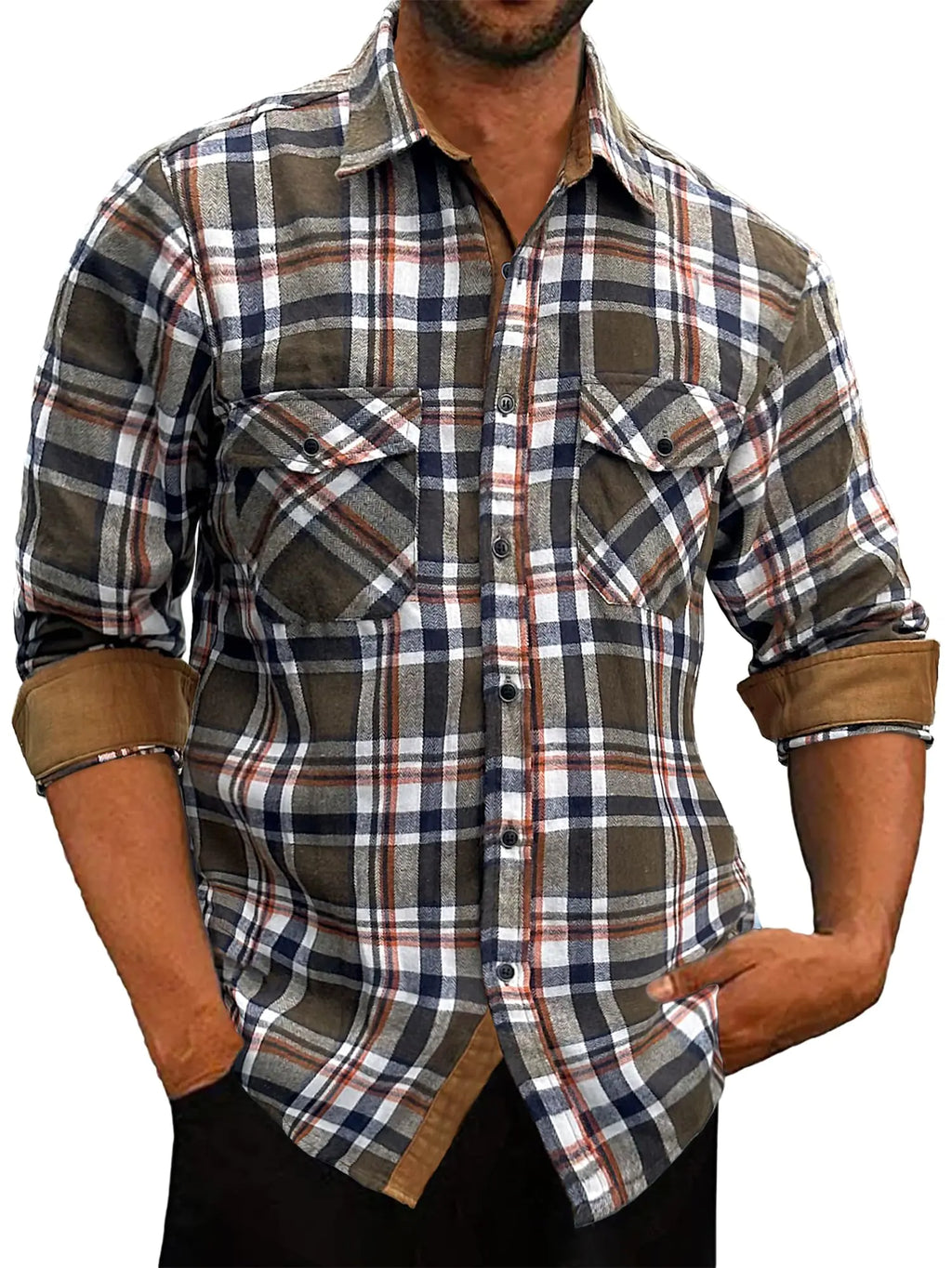 Men's Flannel Shirt - Long Sleeve Plaid Button Down with Contrast Trim & Pockets
