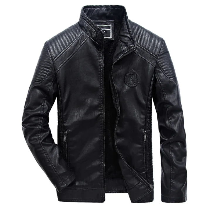 Men's Fleece Lined Leather Jacket with Stand Collar