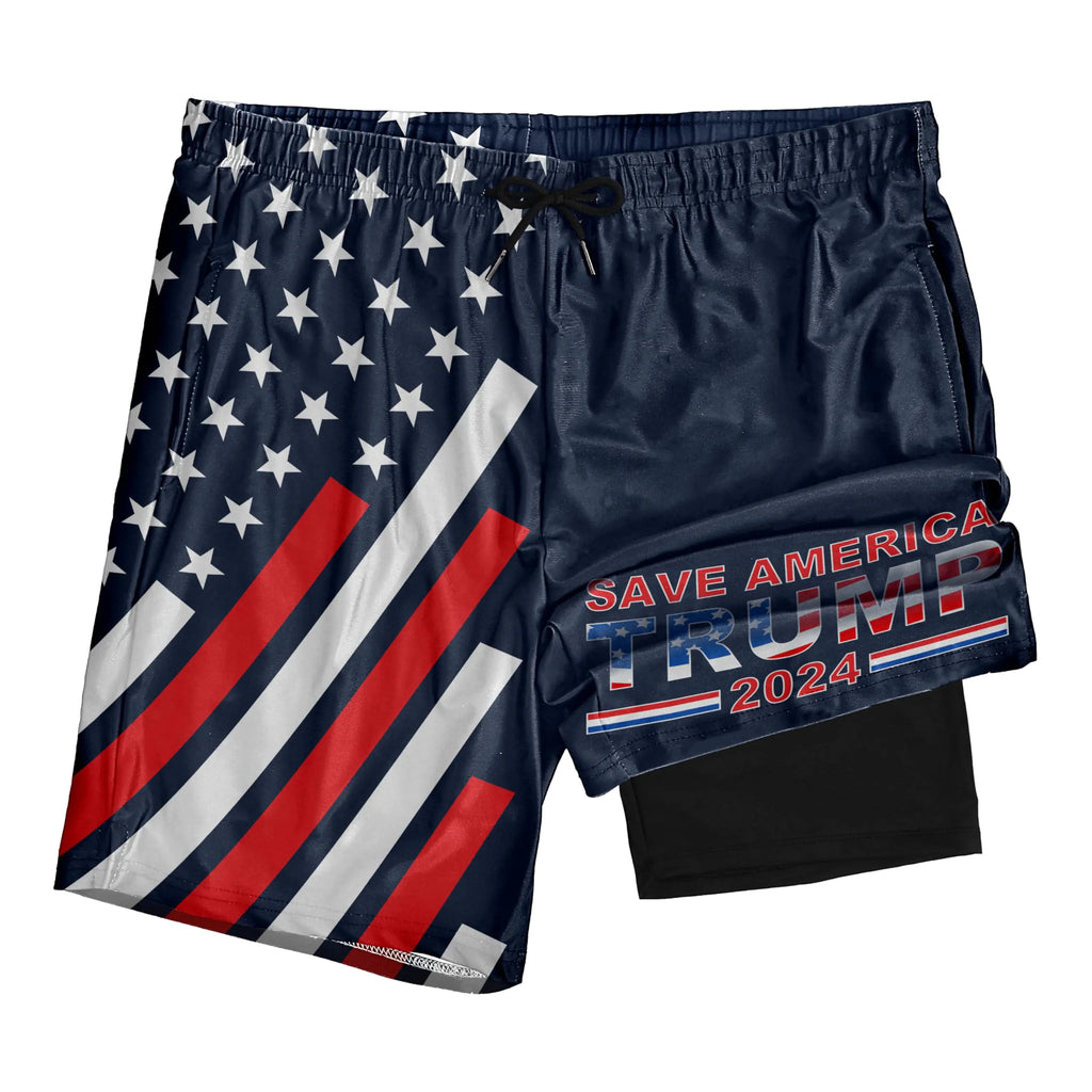 TURMHAWI Mens Swim Trunks with Compression Liner 7 Inch Inseam Stretch Quick Dry Swim Trunks for Men Swimming Trunks Navy USA Flag Mens Board Shorts Swimwear Bathing Suit Beach Shorts XX-Large