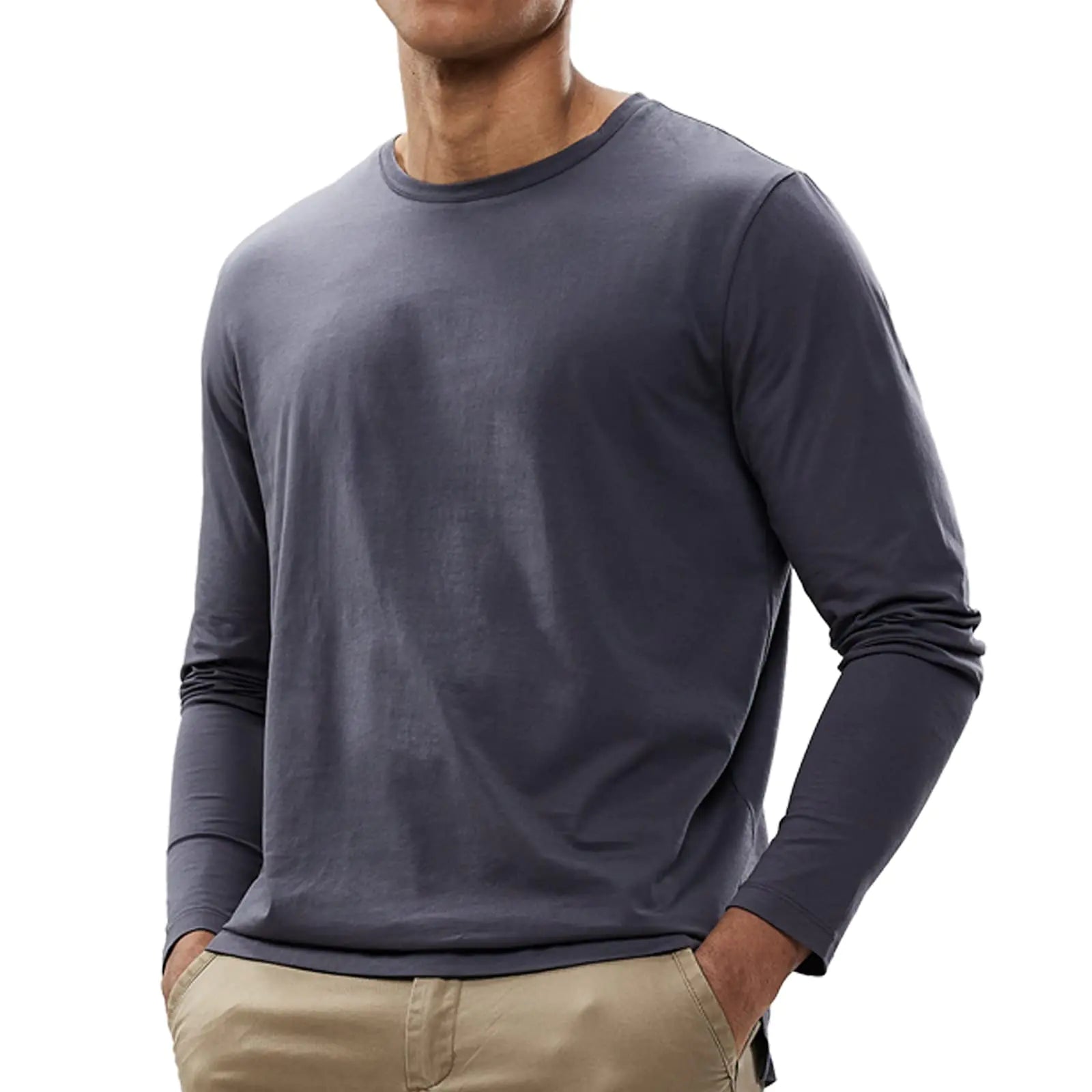 MIER Mens Long Sleeve Shirt Soft Stretch Combed Cotton Tees Shirts Crew Neck Classic Work Casual T-Shirt Dark Grey Medium
