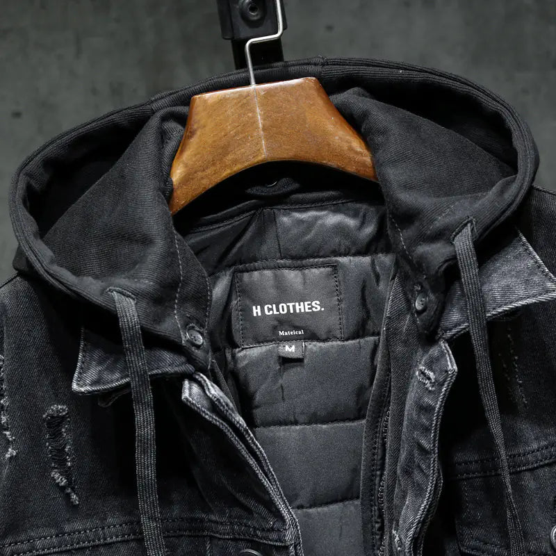 Men's Thick Fleece-Lined Denim Jacket with Hood