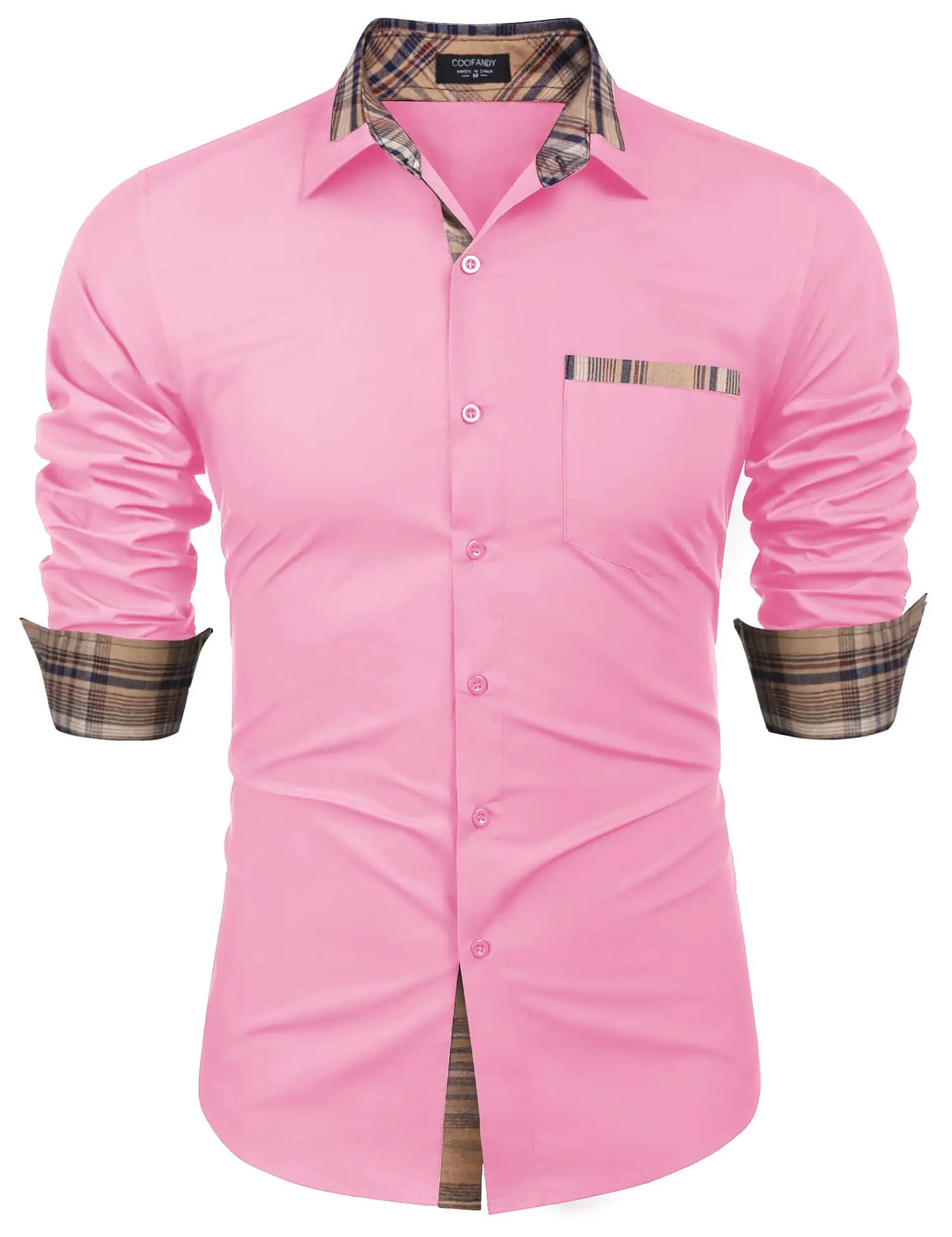 COOFANDY Mens Long Sleeve Dress Shirt Casual Plaid Collar Button Down Shirts Pink XXX-Large