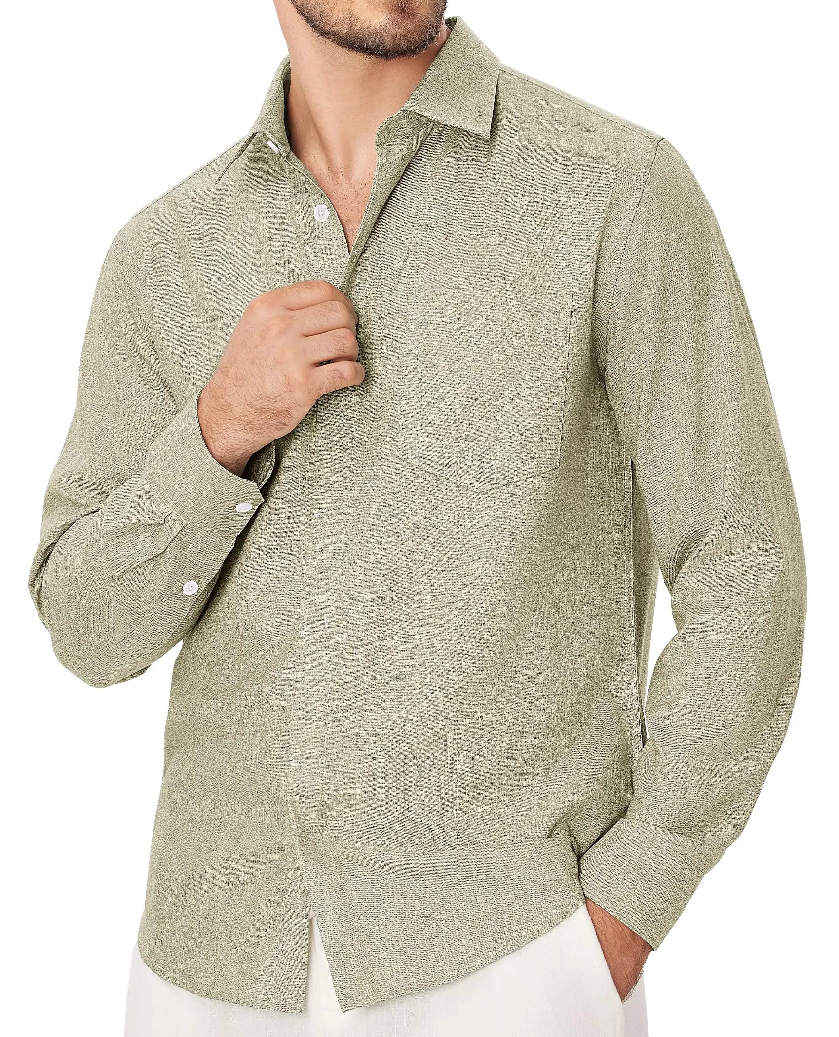 Lion Nardo Linen Mens Dress Shirts Long Sleeve Linen Dress Shirts for Men Casual Linen Shirts for Men Button Down Shirt Khaki
