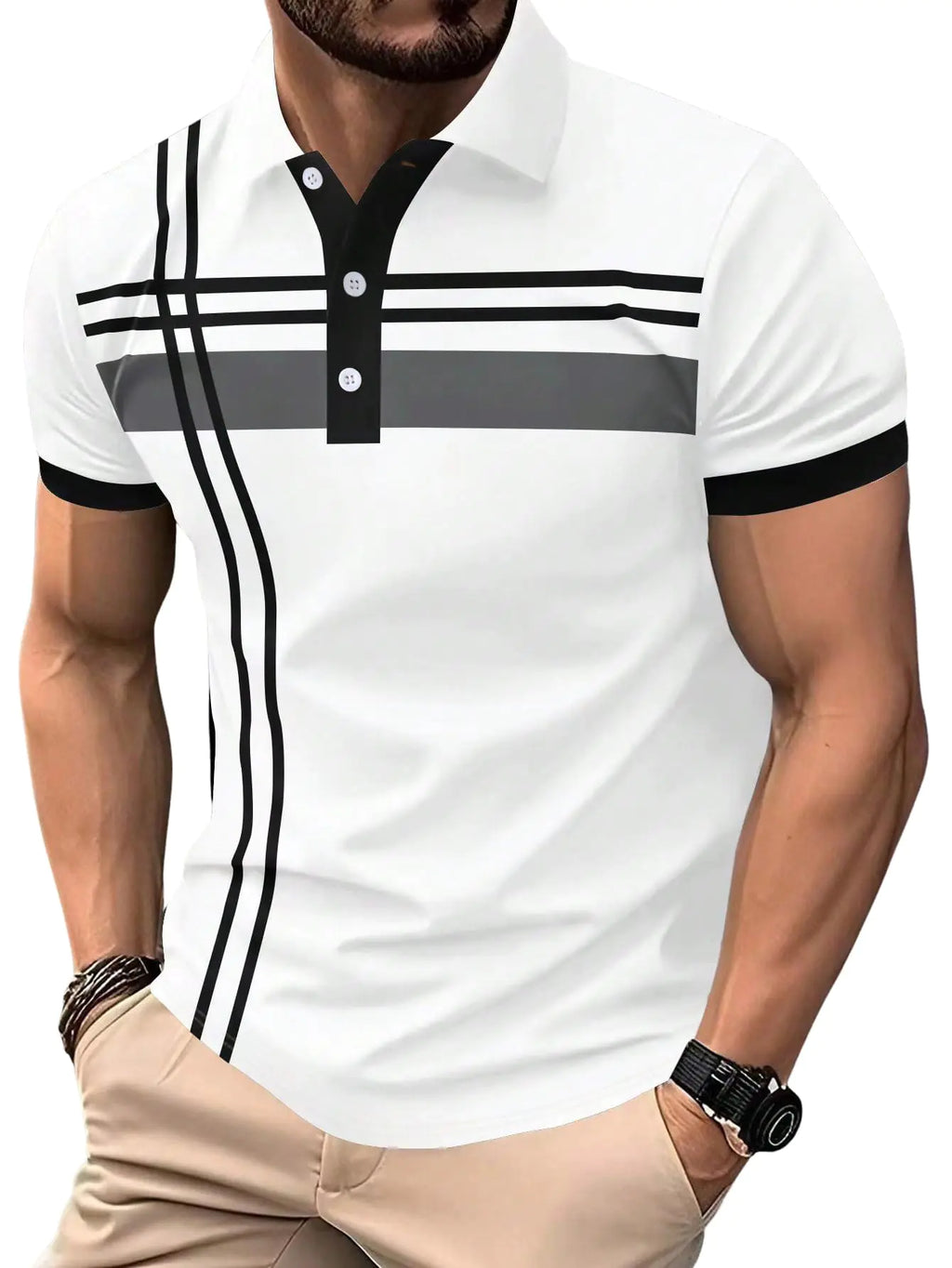Men's Short Sleeve Button-Up Shirt - Printed Casual Golf Polo Top