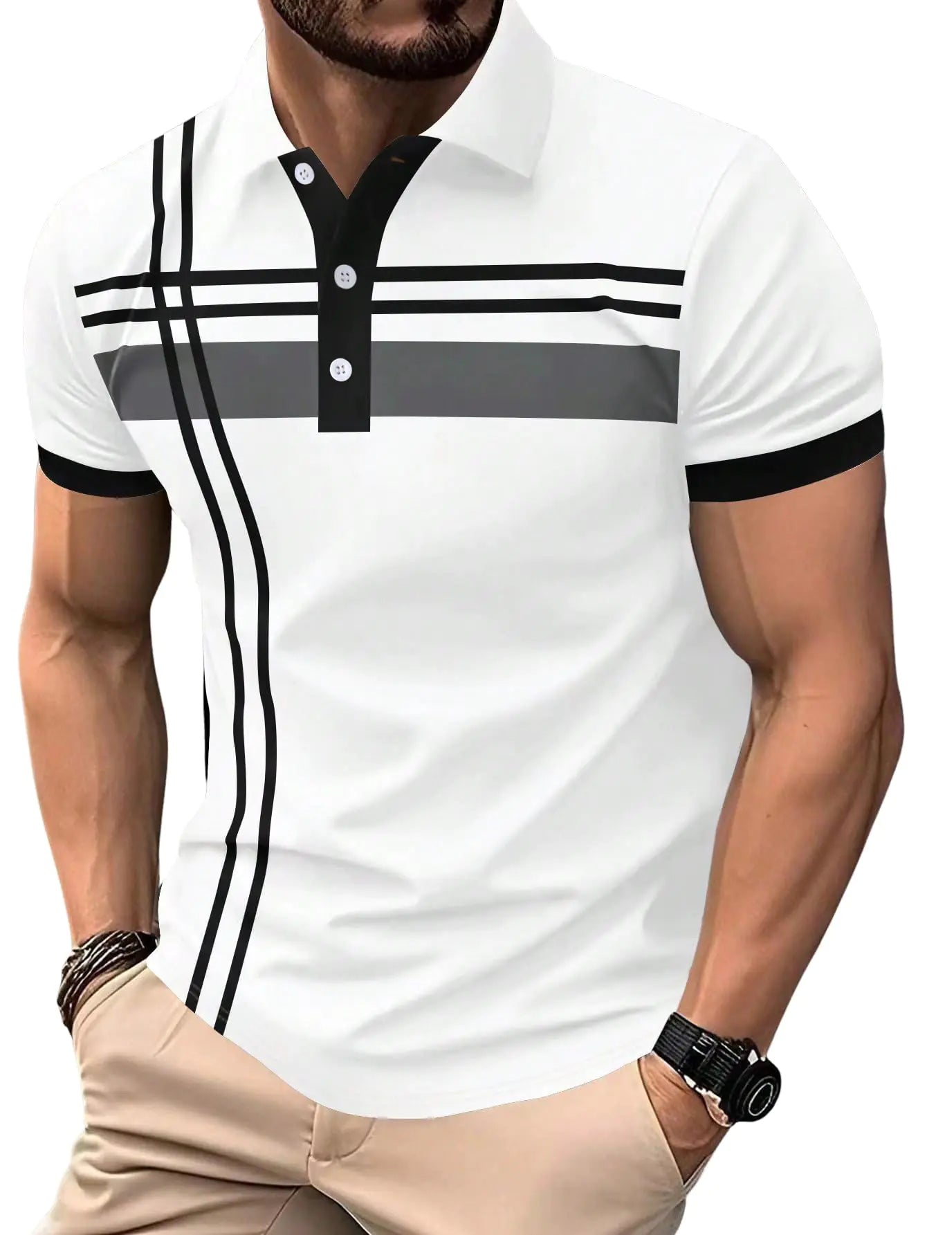 Men's Short Sleeve Button-Up Shirt - Printed Casual Golf Polo Top
