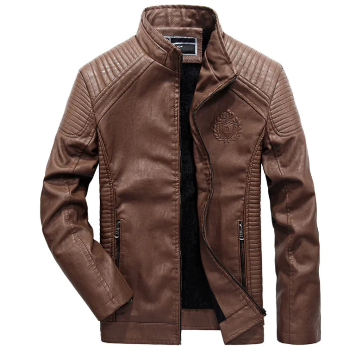 Men's Fleece Lined Leather Jacket with Stand Collar