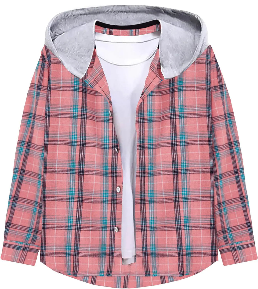 Geckatte Kids Boys Girls Button Down Shirts Long Sleeve Lightweight Plaid Hooded Flannel Shirt Cute Tops