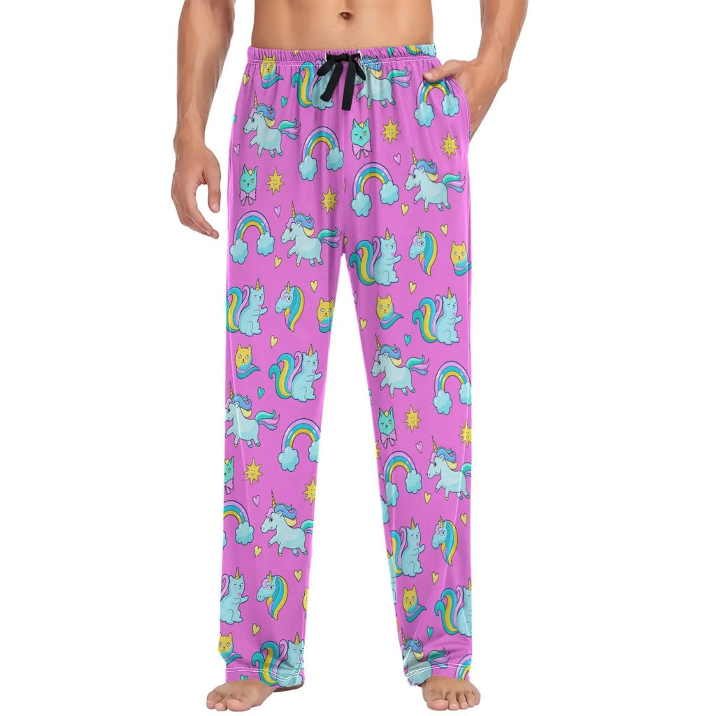 visesunny Mens Pajama Pants Funny Cat Unicorn Rainbow 100% Cotton Soft Mens Sleepwear Lounge Pants Lightweight Pajama Bottoms Pj Pants with Drawstring & Pockets