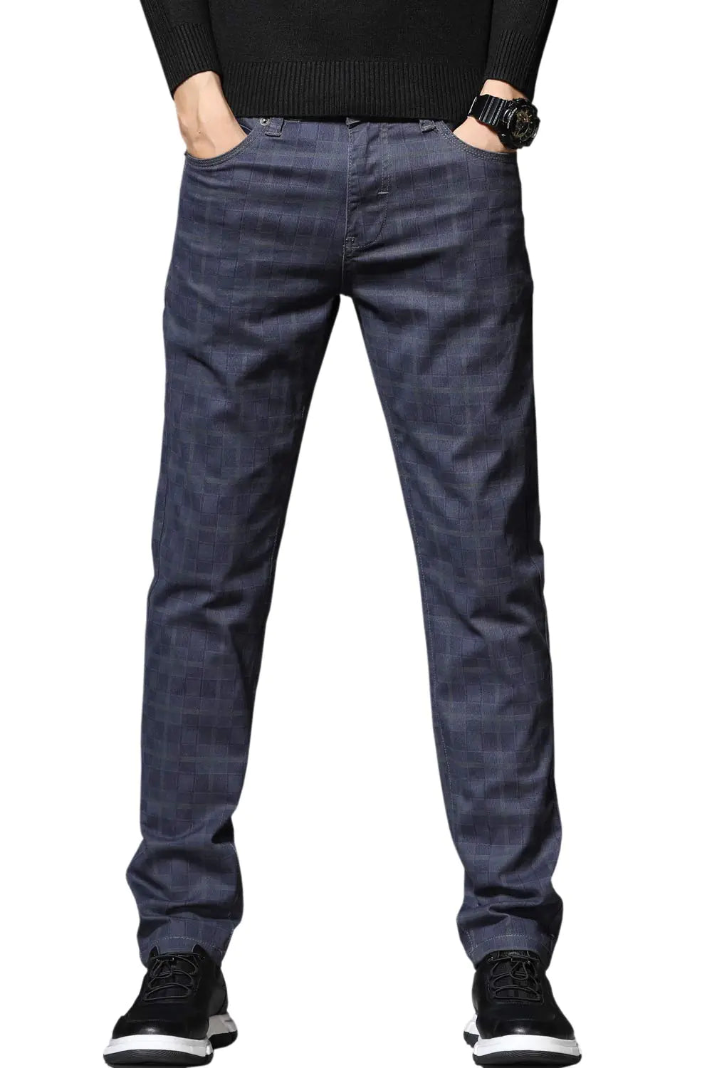 HENGAO Mens Regular Fit Plaid Chino Pants Jeans Blue 34