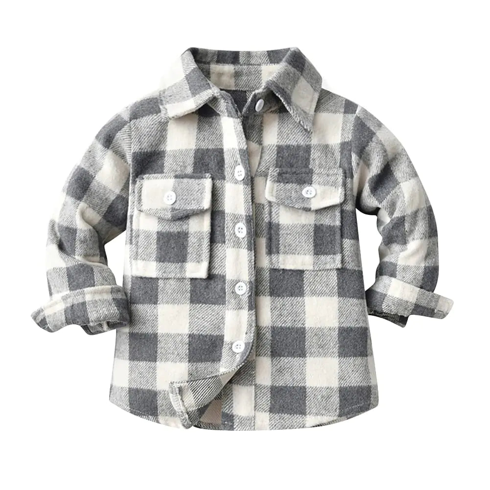 Toddler Baby Boys Plaid Flannel Shirt Long Sleeve Button Down Shirts Fur-Lined Jacket Shirt Winter Fall Tops Clothes Kids Family Matching Christmas Buffalo Plaid Shirt with Pockets Gray 18-24 Months