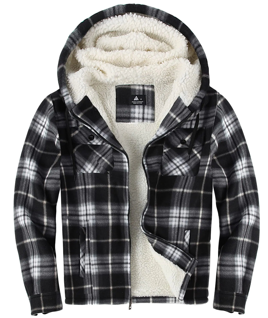 Ceoutdoor Mens Flannel Hoodie Jacket Fleece Lined Flannel Shirt Plaid Zip Up Sherpa Hooded Sweatshirt Warm Winter Coat