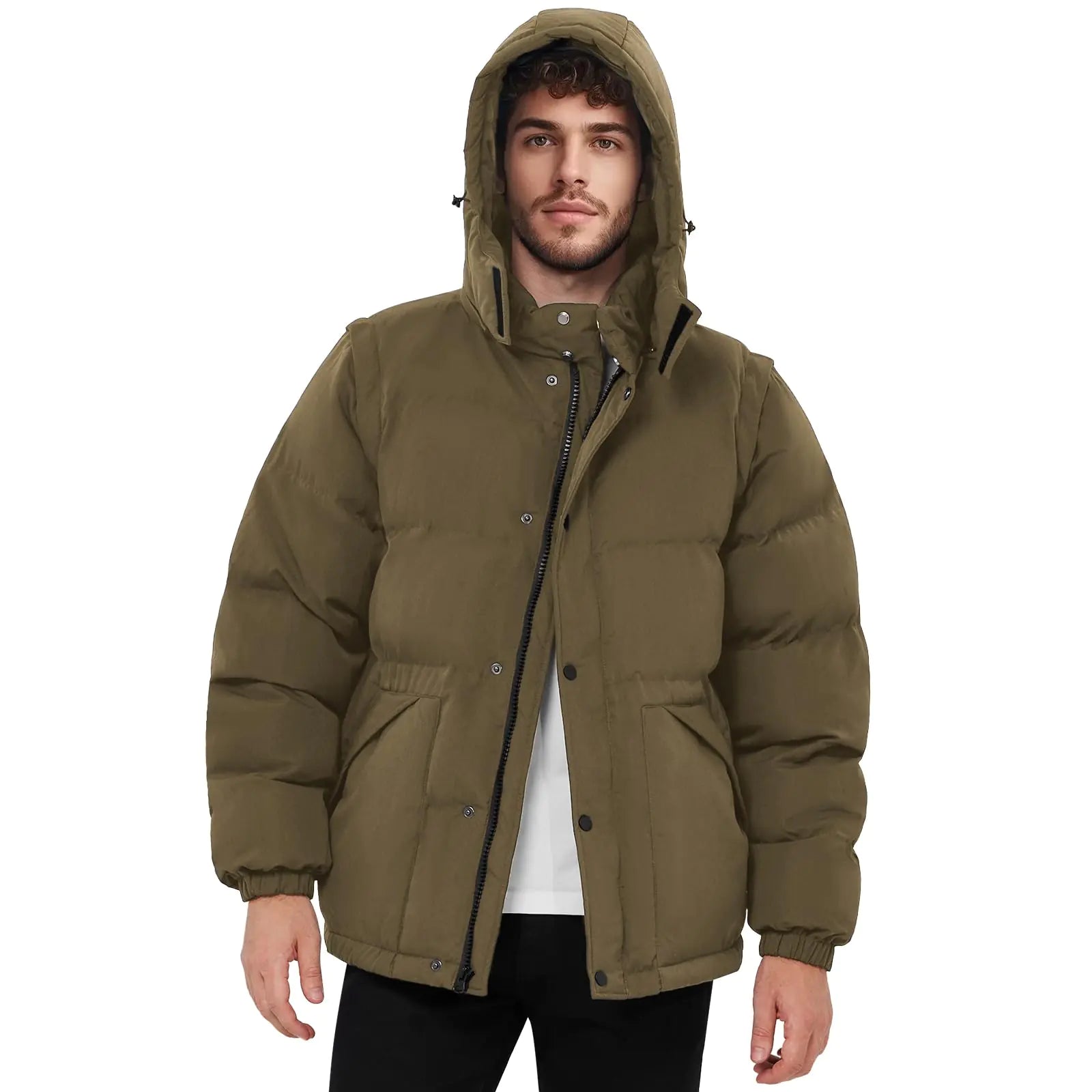 WEEN CHARM Mens Removable Sleeves Winter Coat Puffer Vest Waterproof Parka Jacket Warm Thicken Ski Coat with Removable Hood