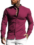 URRU Mens Muscle Dress Shirts Slim Fit Stretch Banded Collar Long Sleeve Casual Button Down Shirts Wine Red XL