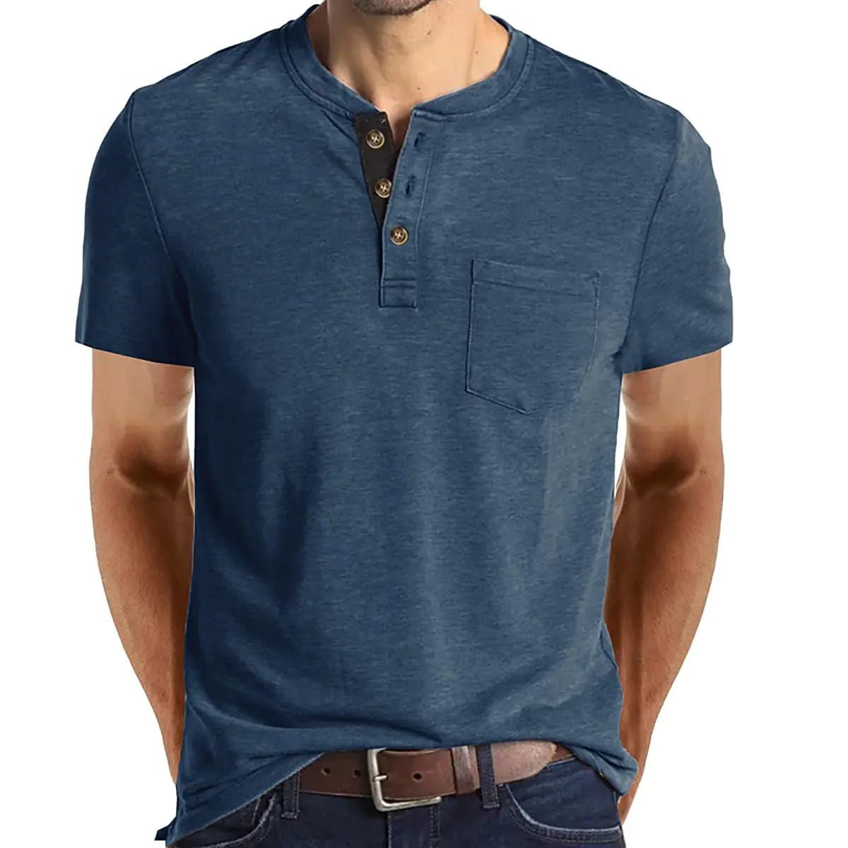 INGORINA Henley Shirts for Men Casual Short Sleeve Cotton T-Shirt Basic Button Tee Shirts with Pocket Summer Denim Blue S