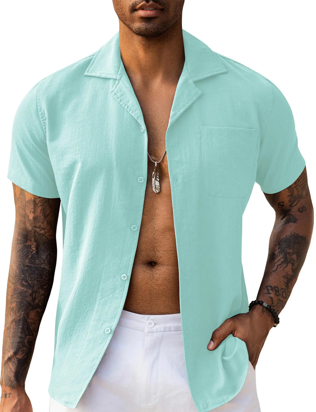 URRU Men's Cuban Collar Button-Down Shirt - Short Sleeve Linen Beach Shirt