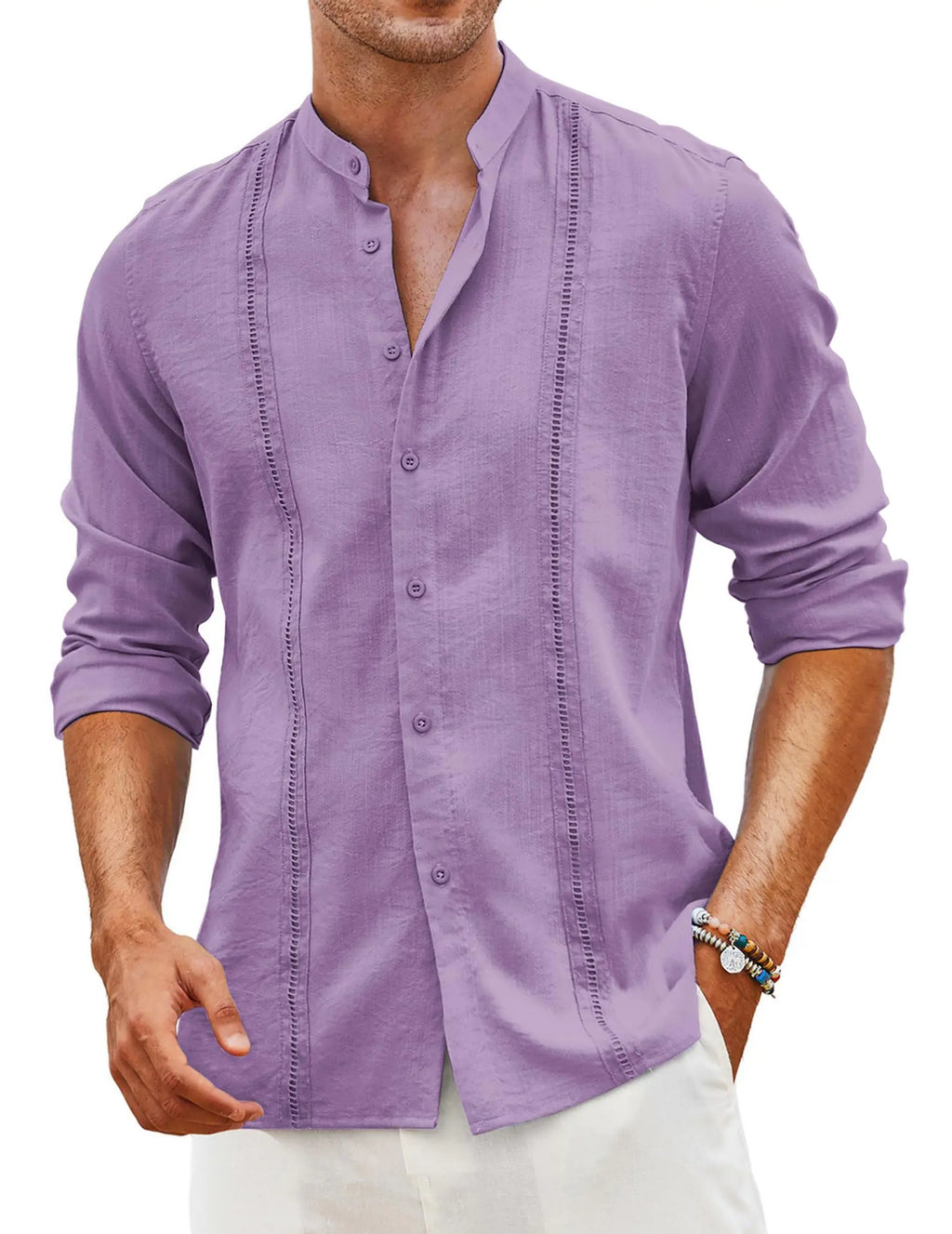 COOFANDY Mens Linen Shirts Casual Long Sleeve Button Down Shirt Summer Beach Vacation Shirt Lavender