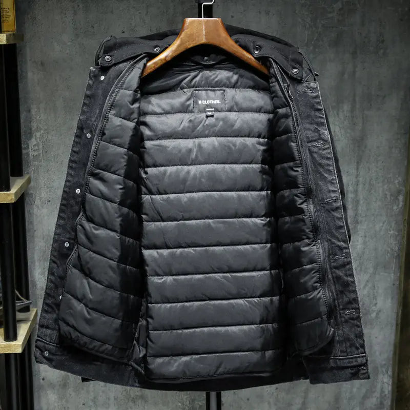 Men's Thick Fleece-Lined Denim Jacket with Hood