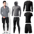 DMVOD Mens 5Pcs Quick Dry Compression Sets Tops Accessories Clothes Equipment for Workout Gym Athletic Running Sport Include Compression T-shirt Long/Short Shorts Leggings Tights Hooded Grey-XS