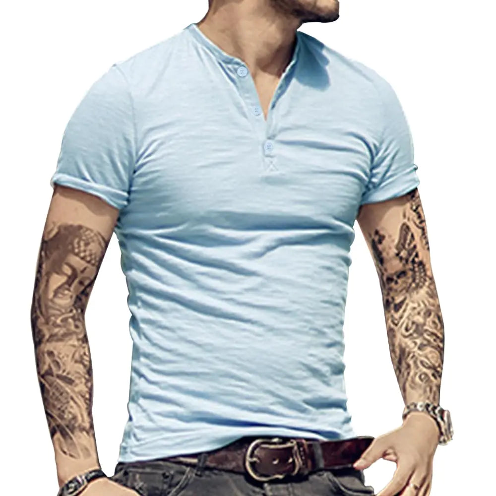 Mens Regular-fit Henley T-Shirt Short-Sleeve with 3 Buttons Placket Slub Vintage Cotton Light Blue S