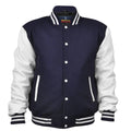 Mens Varsity Jacket Genuine Leather Sleeve and Wool Blend Letterman Boys College Varsity Jackets XS-5XL (US Alpha 5X-Large Regular Regular Navy Blue/White)