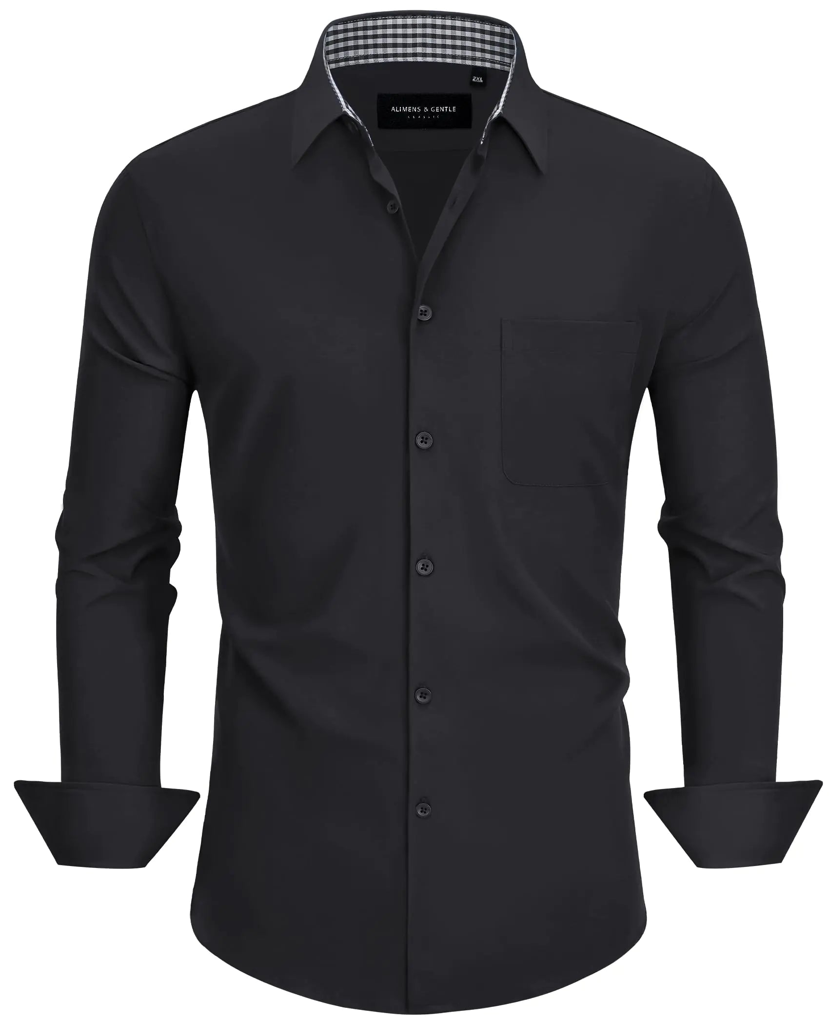 Alimens & Gentle Mens Dress Shirts Black Long Sleeve Button Down Shirt Men Wrinkle Free Shirts Plaid Collar