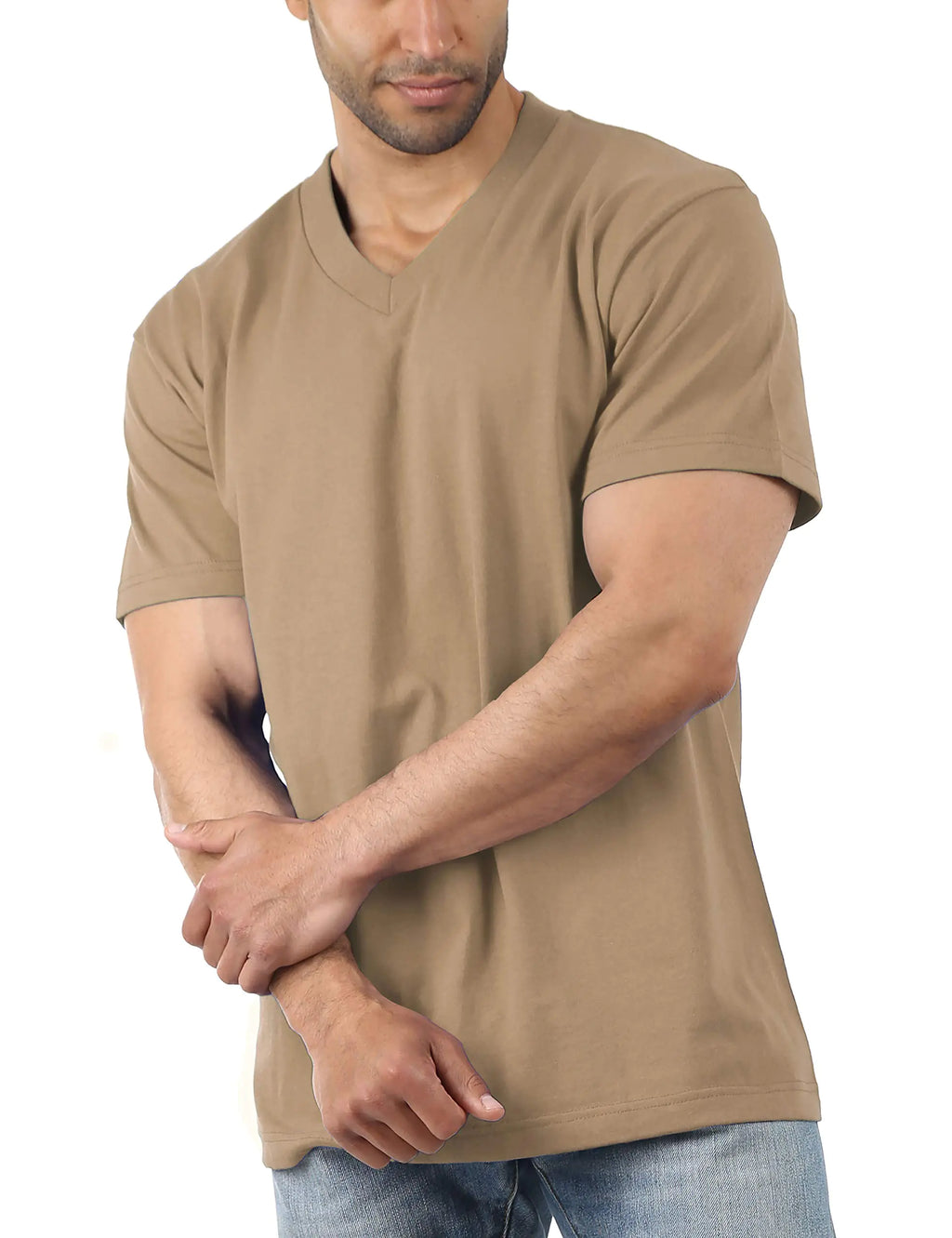 Ma Croix Mens Premium Heavy Blend Comfort V Neck T Shirt Solid Short Sleeve Casual Cotton Tee (2X-Large 1ks13_Khaki)