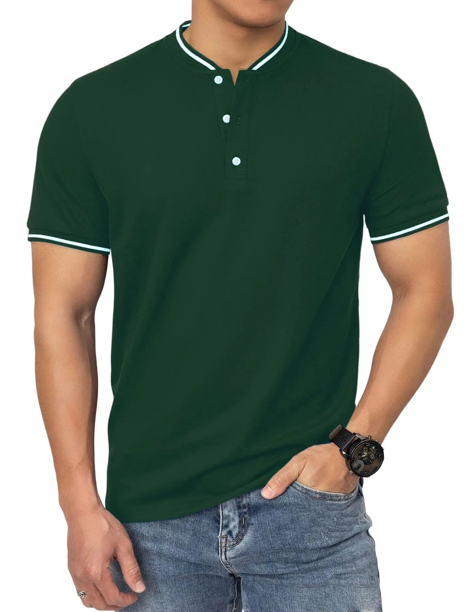 OYOZONE Men's Collarless Golf Polo Shirt - Mock Neck Athletic Fit Henley