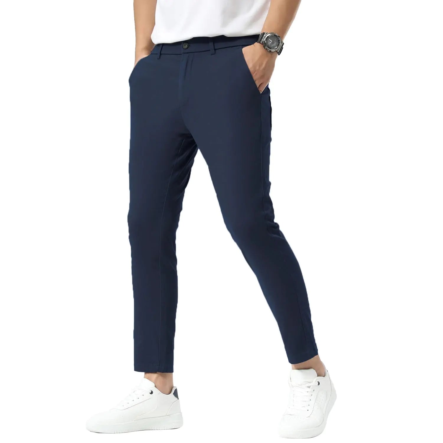 Plaid&Plain Mens Slim Fit Khaki Pants Stretch Cropped Chino Skinny Pants 130201 Navy Blue 38