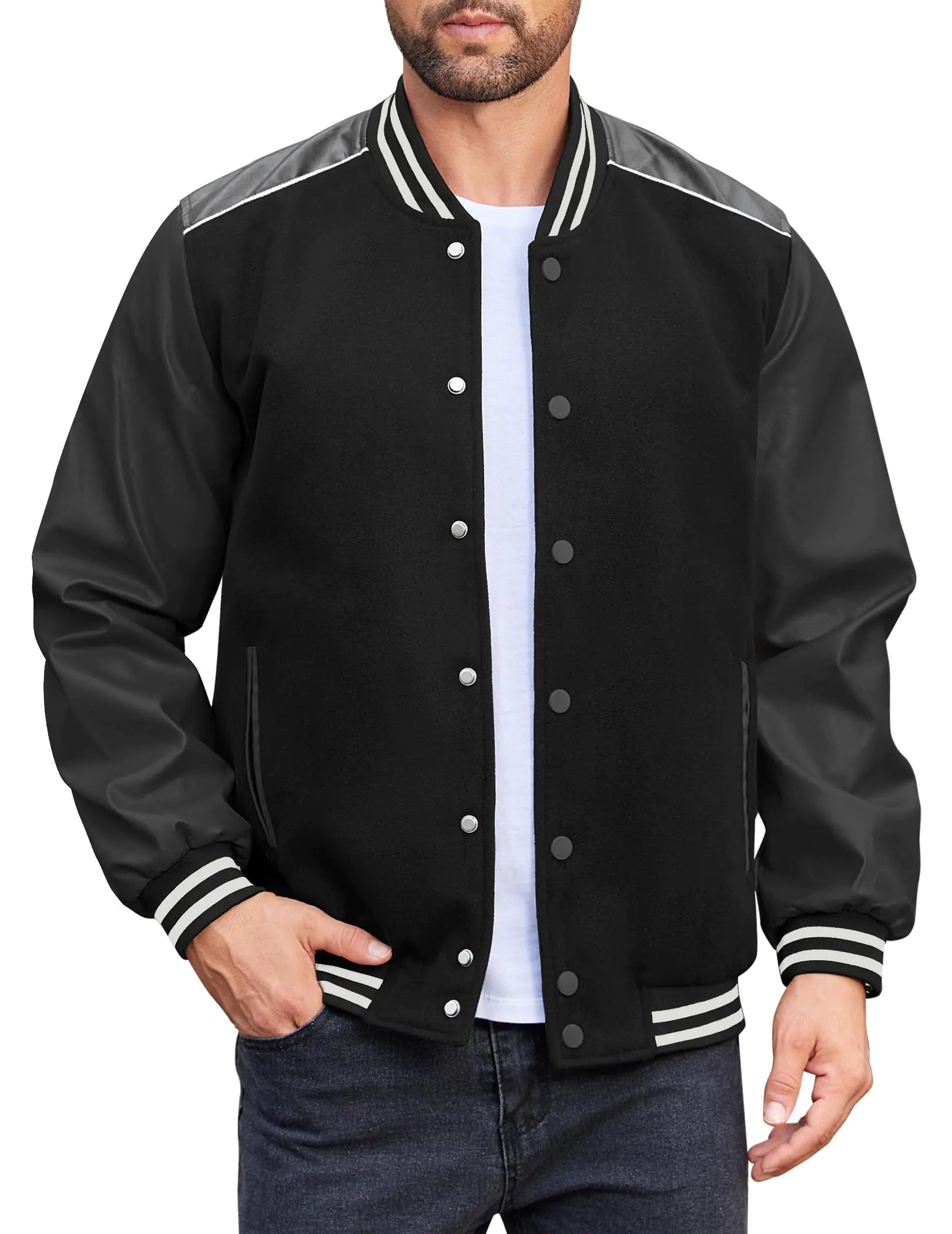 COOFANDY Men's Varsity Jacket - Leather Sleeve Baseball Bomber Letterman Coat