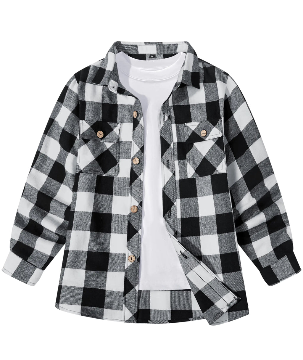 Boys Plaid Flannel Shirts Long Sleeve Casual Button Down Shirts Collared Fall Clothes(WHB-XL) White Black