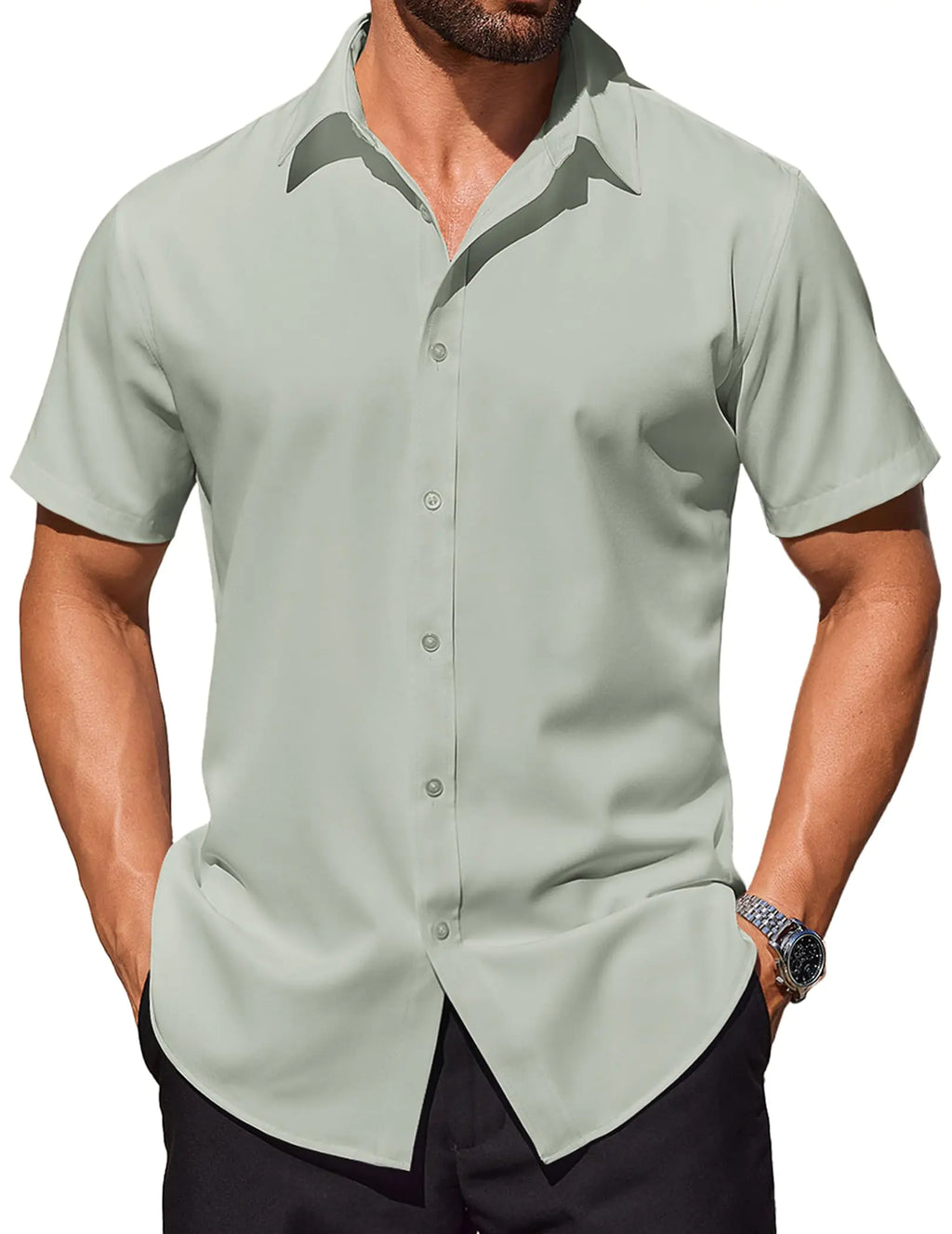 COOFANDY Mens Short Sleeve Untucked Dress Shirts Regular Fit Casual Button Down Shirts Light Green