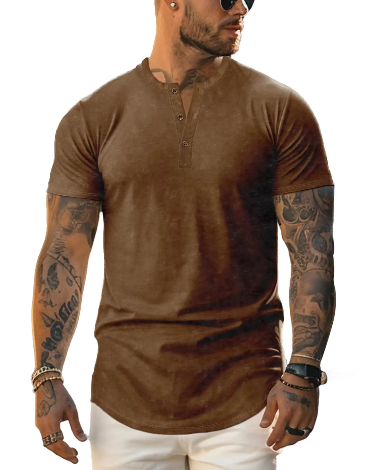 Mens Casual Henley Shirts Short Sleeve Fit Distressed T Shirt Lightweight Basic Tees Tops Coffee