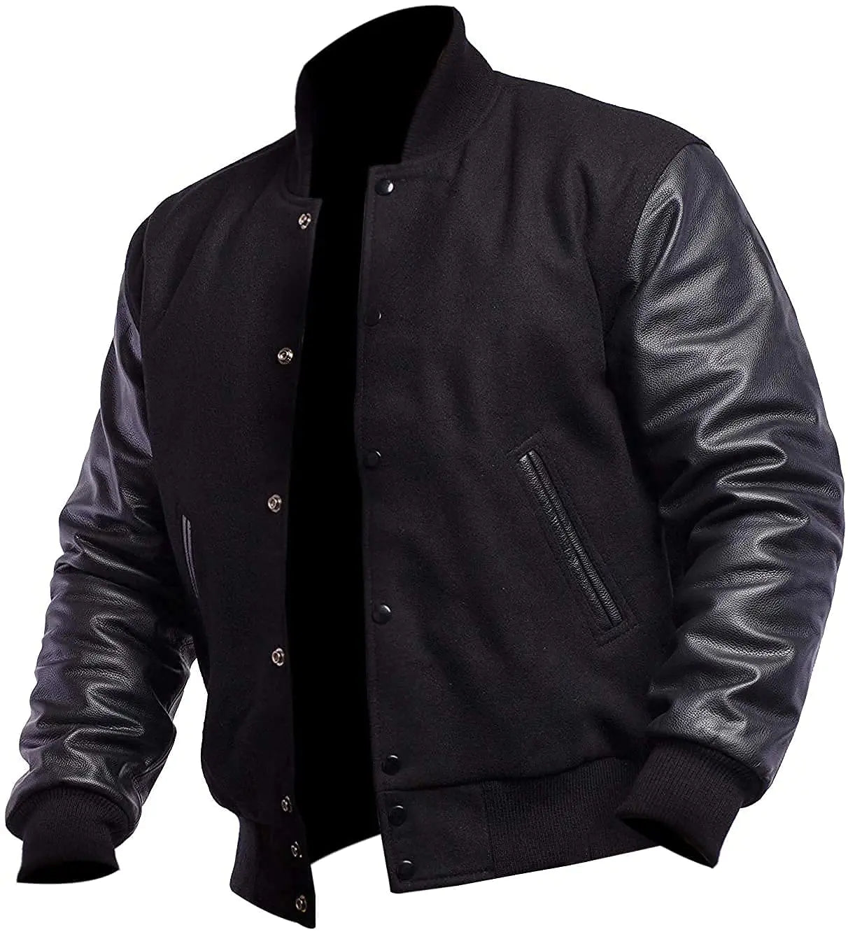Men's Black Varsity Letterman Jacket - Wool & Leather Baseball High School Jacket