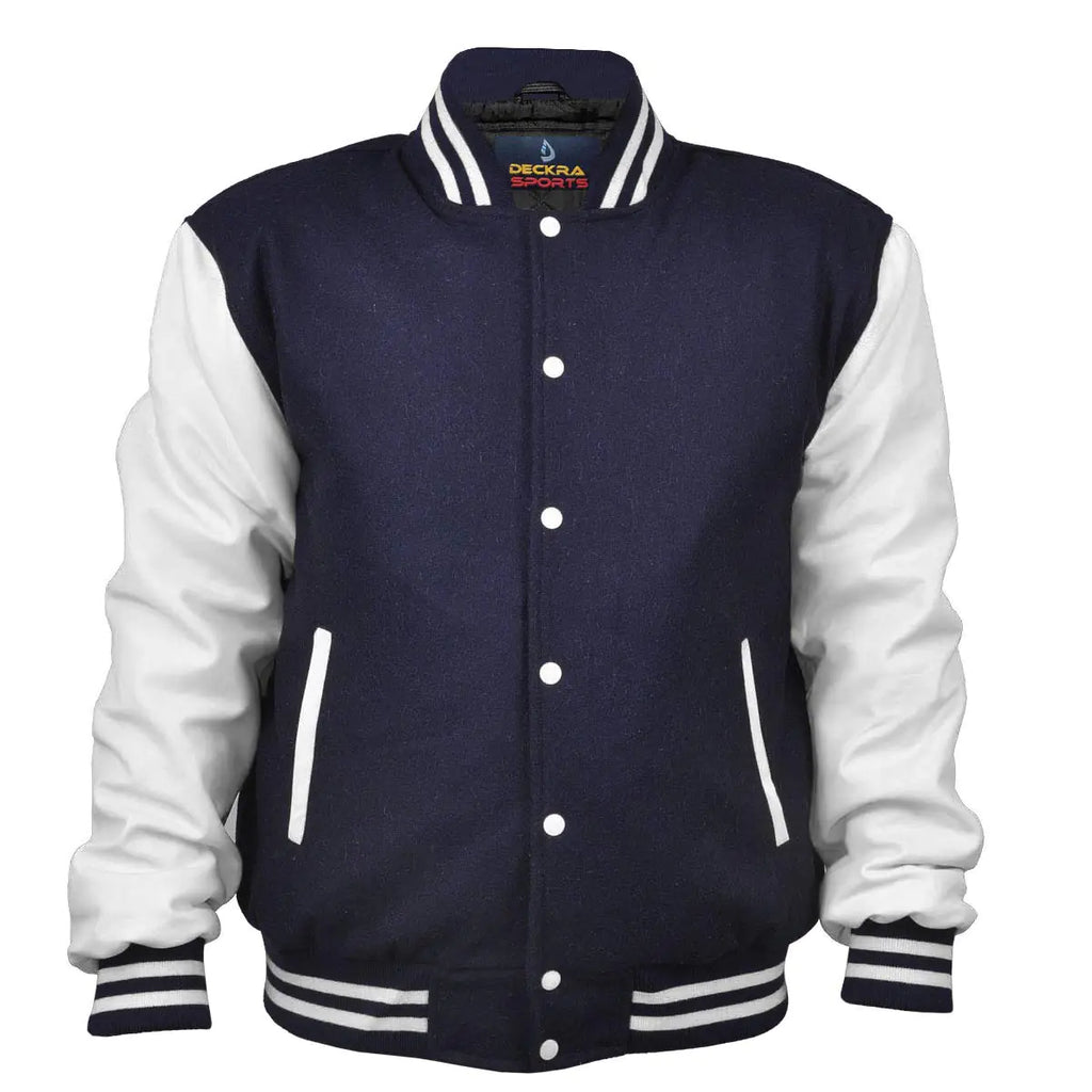 Mens Varsity Jacket Genuine Leather Sleeve and Wool Blend Letterman Boys College Varsity Jackets XS-5XL (US Alpha 5X-Large Regular Regular Navy Blue/White)