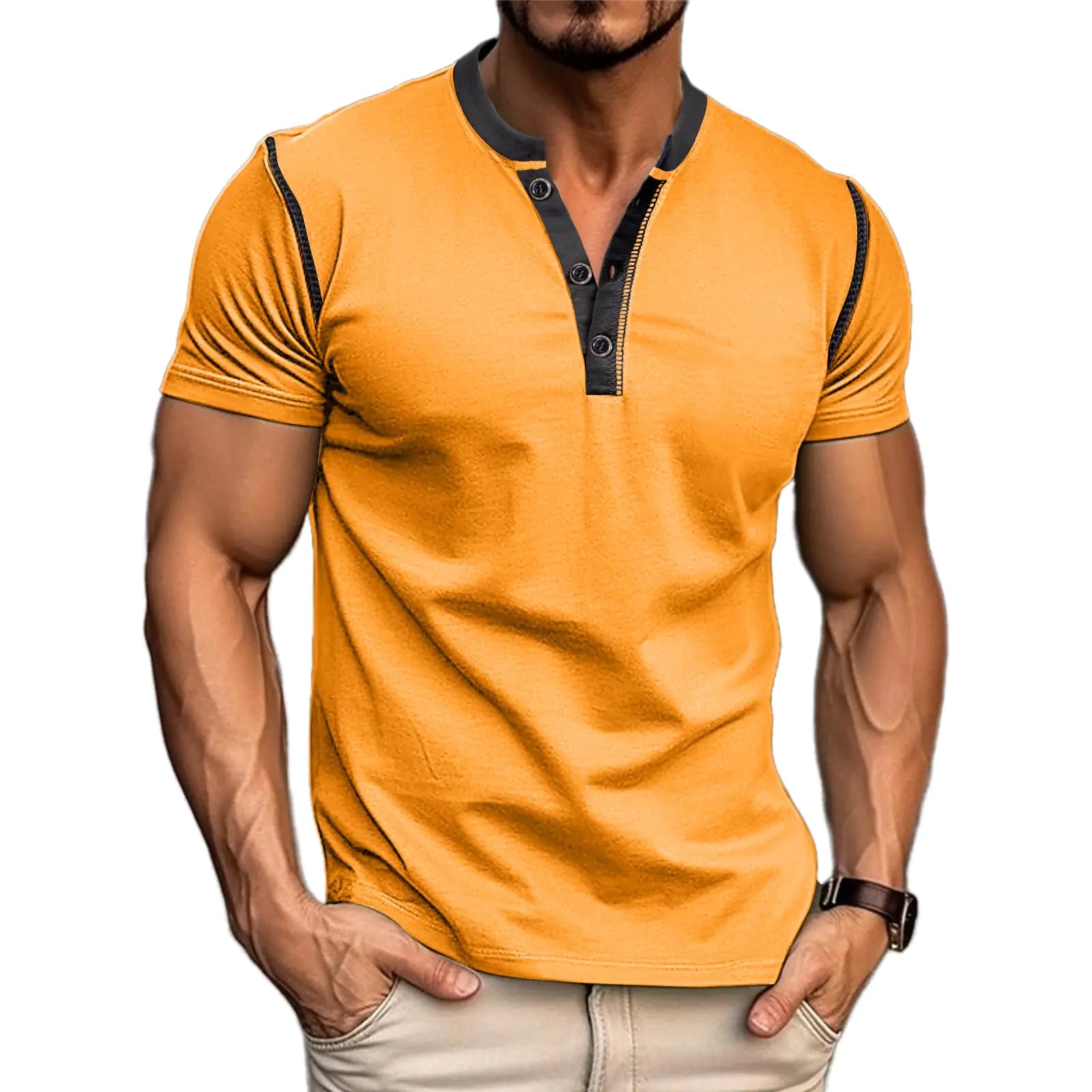 Mens Casual Henley Shirts Classic Button Cotton Short Sleeve T-Shirt Summer Basic Solid Lightweight Tees Tops Orange