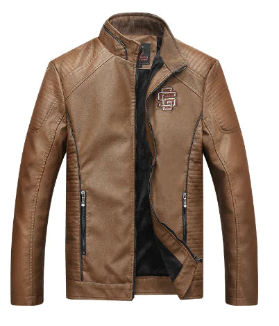 Men's Fleece Lined Leather Jacket with Stand Collar