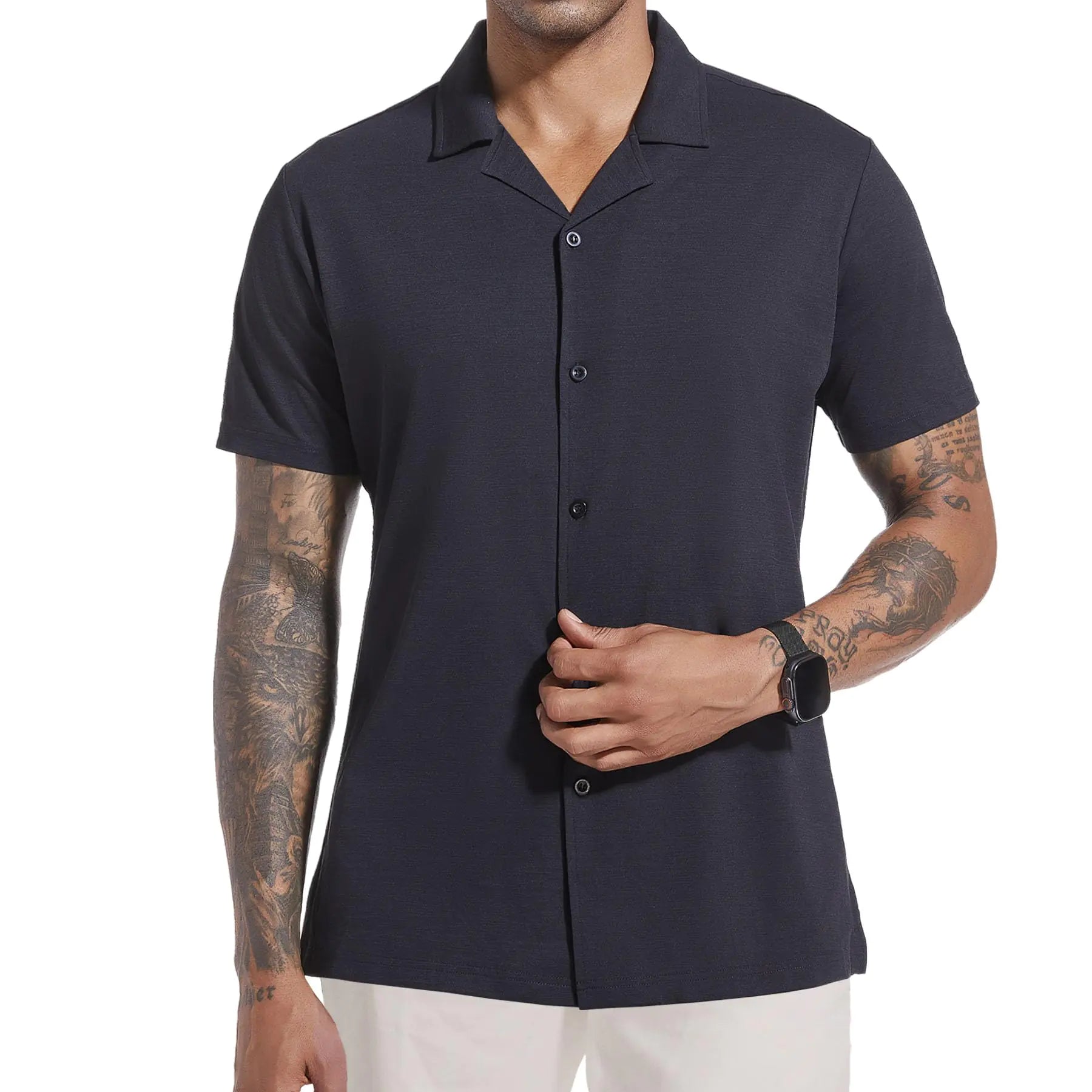 FEFHW Men's Cuban Collar Button-Down Shirt - Short Sleeve Beach Casual Shirt