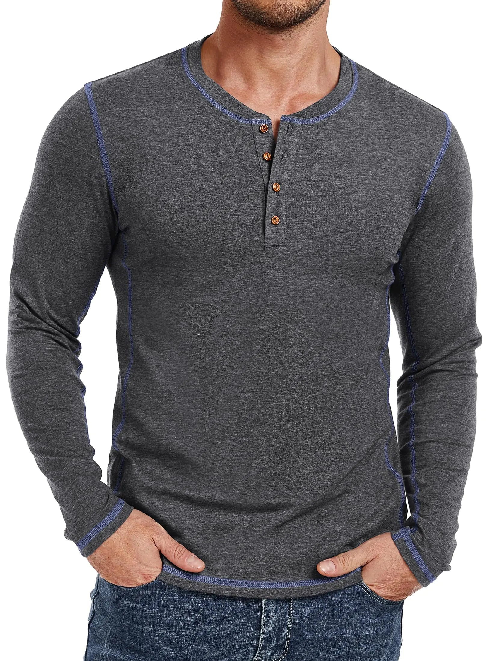 PEGNEO Mens Henley Long Sleeve Lightweight Button Cotton T-Shirt Casual Top Golf Shirts Dark Grey X Large