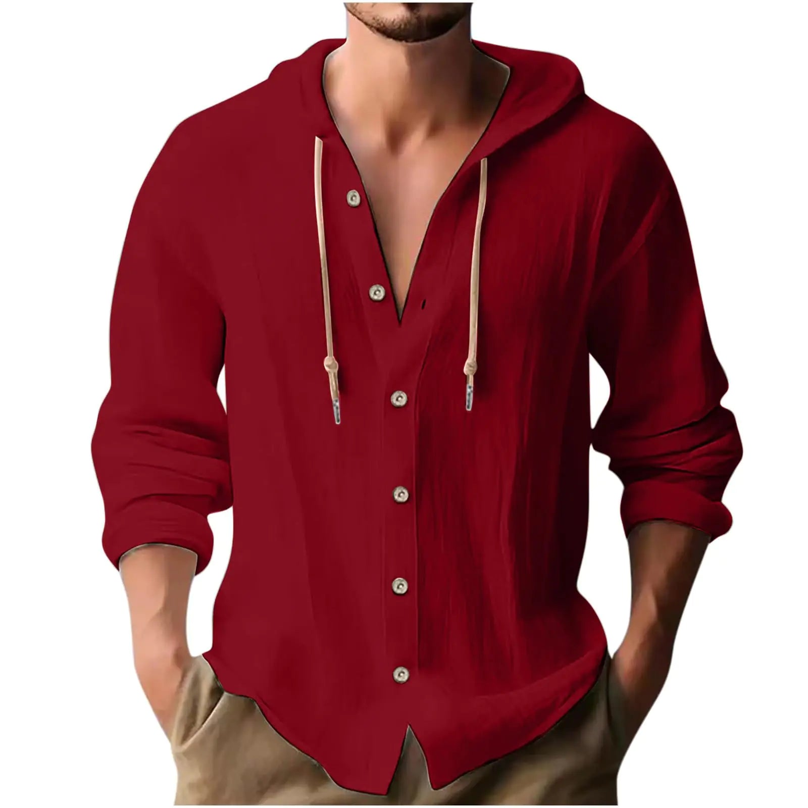 Men's Linen Hooded Shirt - Long Sleeve Button Down Beach Shirt with Hood