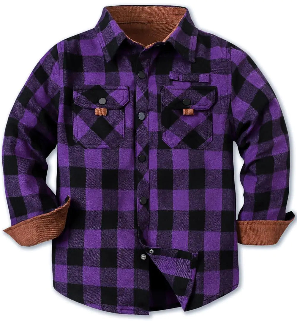 Cromoncent Boys Casual Flannel Plaid Shirts Western shackte Long Sleeve Button Down ShirtsPlaid Black Purple2-3Y = Tag 100